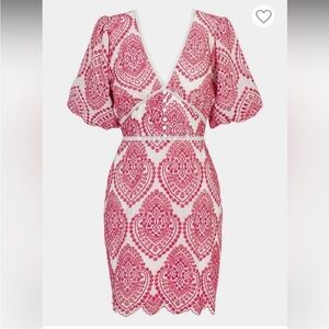 Adelyn Rae Cotton Mini Dress White and Pink Embroidered Bohemian Romantic Sz M